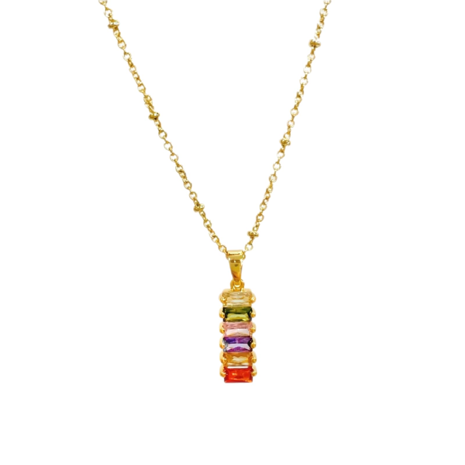 Colorful Zircon Pendant Necklace - 18K Gold Plated Rainbow Crystal Geometric Square Necklace for Women - Trendy Dainty Bright Multicolour Gemstone Bar Necklace Golden