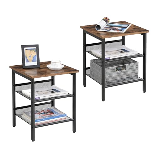 VASAGLE Nightstand, Set of 2 Side Tables, End Tables with Adjustable Mesh Shelves, for Living Room, Bedroom, Industrial, Stable Steel Frame, Easy Assembly, Rustic Brown and Black ULET24X 2-P