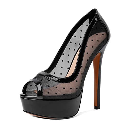 AUMOTED Women's Peep Toe High Heel Platform Stiletto Pumps Slip On Mesh Polka Dot Heels Party Wedding Dress Shoes 5.5' Patent Leather Black US Size 5