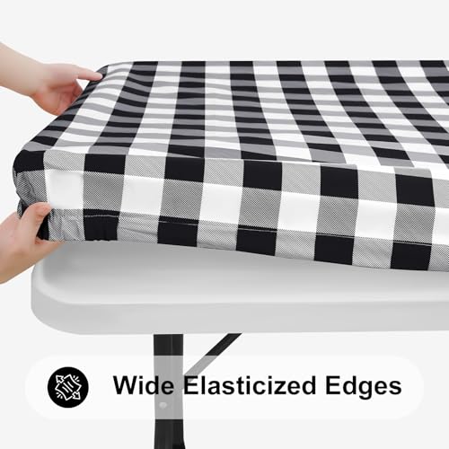 Smiry Rectangle Picnic Table Cloth, Elastic Waterproof Fitted Vinyl Tablecloths, Flannel Backed Buffalo Plaid Table Covers for Dining, Camping, Outdoor (Black and White, 30" x 72") - Image 4
