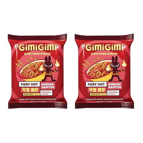 Image of GIMI GIMI - Fiery Hot (Pack of 2), 125g each | Veg Korean Ramyun | Authentic Gochugaru Chillies | Thick & Bouncy Noodles