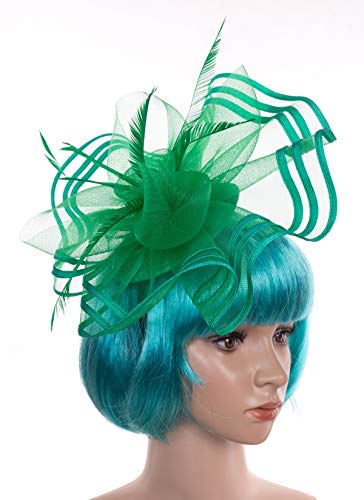 Felizhouse Satin Feather Fascinator Hats Headband for Women Girls, Wedding Cocktail Tea Party Headwear Royal Ascot Church Head Piece, Costume Hair Clip Accessories (#4 Green Flower St Patricks Day)