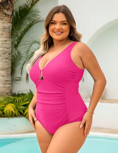 Women's Plus Size Swimsuits One Piece Tummy Control Ruched Bathing Suit Sexy Cutout Deep V Neck Swimwear 20252