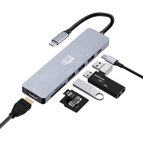 Adesso AUH-4025 - Adaptador multipuerto USB C para estación de acoplamiento tipo C, compatible con USB C a 1 HDMI 4K, 3 USB-A 3.2, 1 PD, 1 micro SD, 1 lector de tarjetas SD
