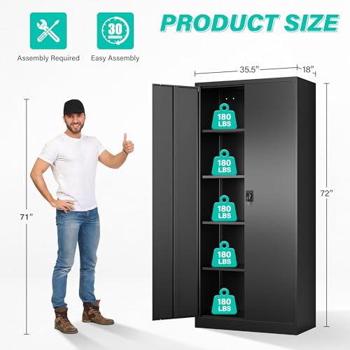Image of SISESOL Wide & Deep Metal Storage Cabinet with Lock & 5 Shelves,72 inch Black Garage Storage Cabinet with Locking Doors,Lockable Cabinets for Home,Office,Garage,Shop,Basement 72x36x18