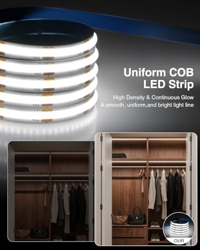 Image of Aclorol 1M 5V COB LED Strip Light 2 Pack White 6000K Dimmable Brightness | LED Flexible Tape Lights with 1.5M USB Cable, High Density 320LEDs, for Under Cabinet TV Backlight Bedroom Wardrobe Displays