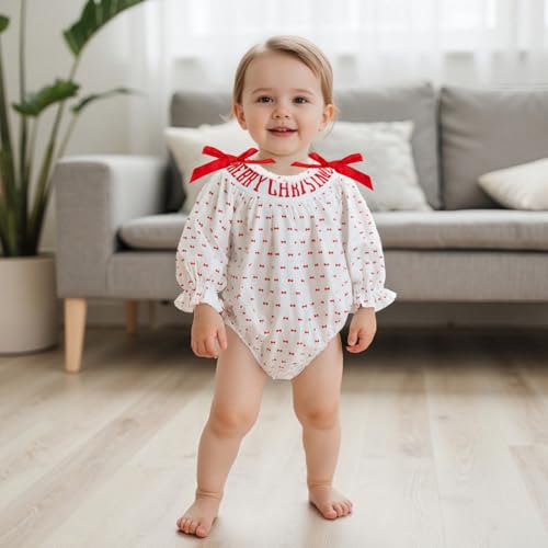Newborn Infant Baby Girl Christmas Outfit Long Sleeve Smocked Bubble Romper Bow Ruffle Bodysuit Winter Clothes3