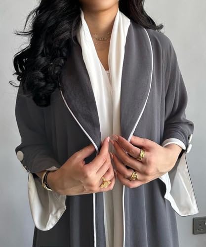 Image of Women's Contrast Trim Open Front Abaya Shawl Collar Split Sleeve Button Decor Cardigan