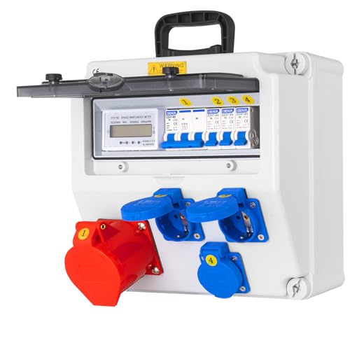 CHENGPI Baustromverteiler mit Zähler IP65 Wasserdicht Stromverteiler mit Leitungsschutzschalter Wandverteiler mit IP54 230V/16A Schuko Steckdose und IP44 CEE Steckdose 400V/32A