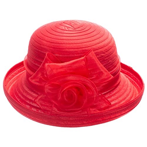 Pure Color 1920S Womens Summer Organza Bowler Sun Hat Derby Tea Party A267 (Red) #TOP1