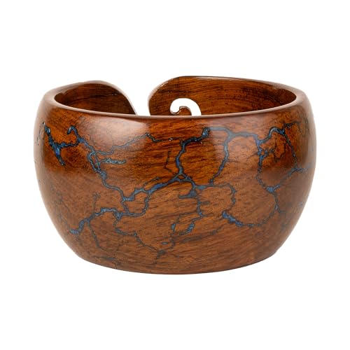 Image of Wooden Yarn Bowl for Crocheting, 7x4 inch Large Rosewood Crochet Holder Gift Accessories and Knitting Gadgets Supplies Handcrafted with Fractal Wood Burning & Blue Resin Inlay ( Blue 7x4 )