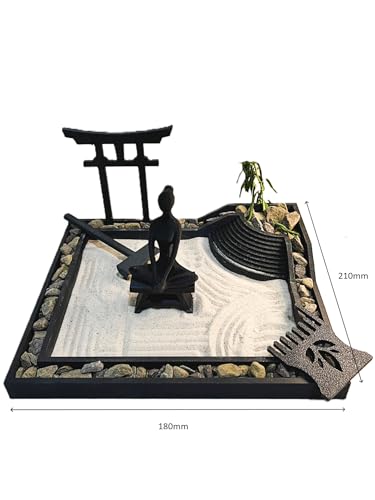 Image of Desktop Zen Garden Set, Japanese Style Meditation Sand Garden in Black PLA with mini Torii Gate and Rake, Table Decor (Small)