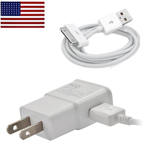 2 Amp Rapid Wall Charger & 30 Pin Data Cable for Apple iPhone 4 4S 3GS, iPad 1 2 3 Bundle -Bulk Packaging- w allsales1955 Brand American Flag Sticker (White)