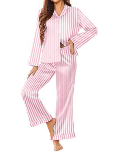 Ekouaer Silk Satin Pajamas Set Womens Long Sleepwear Button Down 2 Piece Classic Soft Loungewear Pjs Set Pink Striped Medium