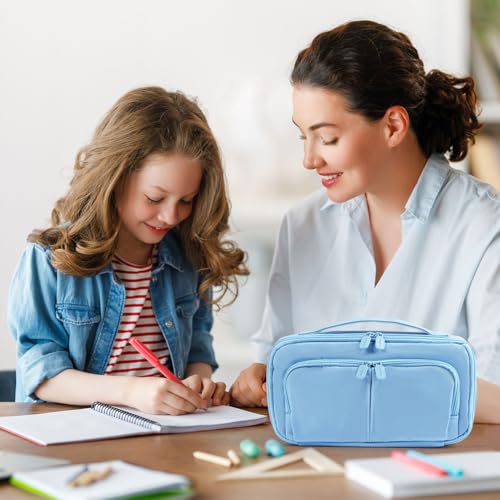 Image of Pencil Case Large Capacity Pencil Pouch Pen Bag with Handle, Portable Pencil Case Pencil Bags with Zipper Student Stationery Bag for Girls and Boys Teen Adults Men Women (Light Blue)