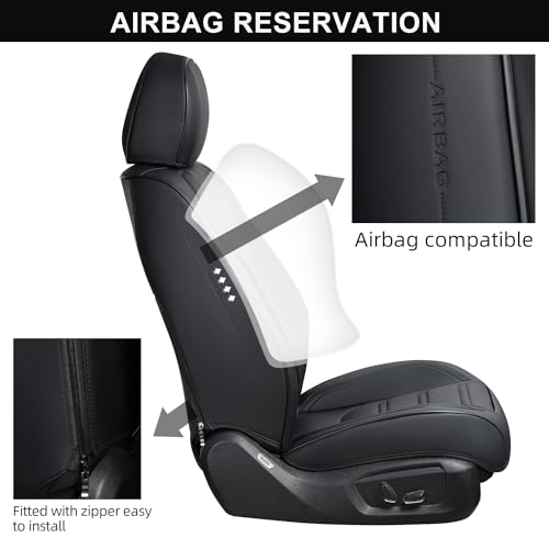 Image of TIEHESYT Leather Seat Covers Front Pair with Lumbar Support, Breathable and Waterproof Car Seat Cover, Universal Seat Covers for Cars, Trucks, SUVs, Sedans, Pickups, Airbag Compatible, Black
