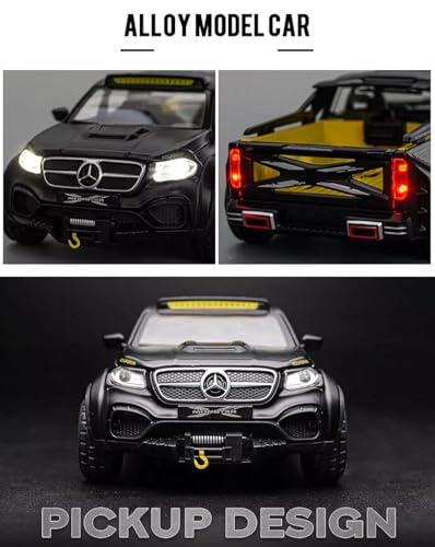 Image of 1:28 Scale Big Benz Class X Pickup Truck Toy Car | Metal Diecast Car for Kids with Openable Doors, Sound, Light Effects (Black)