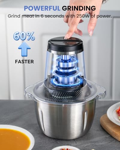 Image of LINKChef Food Processor, 6 Cup Electric Food Chopper, 250W Meat Grinder | Sharp Stainless Steel Blades Chop Meat, Vegetables, Onions and Baby Food, Stainless Steel Bowl, Compact and Easy to Clean