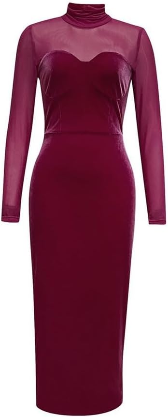 JSEIAJB Sexy Vintage Hollow Out Velvet Round Neck Slim Back Split Long Sleeve Dresses