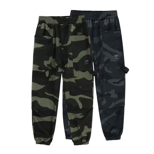 2pcs Camo Cargo Pants for Girls Boys Baggy Wide Leg Straight Leg Track Pants Elastic Waist Lightweight Track Joggers (Camouflage, 15-16 Years)