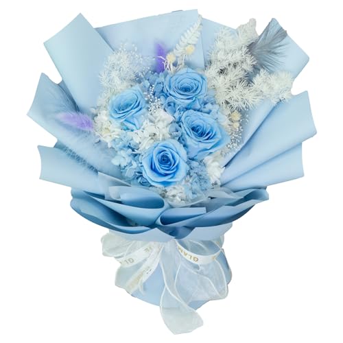 GLAMOUR BOUTIQUE Preserved Flowers Bouquet - Long-Lasting 1-3 Years Flowers Forever in a Box with Hydrangeas, Gift Ready for Anniversary, Birthday, Mother's Day - Light Blue (Color-Treated)