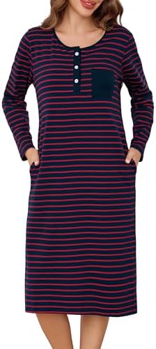 Lovasy Nachthemd Damen Langarm Baumwolle Lang Gestreiftes | Lockeres Winter Schlafkleid mit Knopfleiste und Taschen, Bequemes Nachthemden für den Alltag
