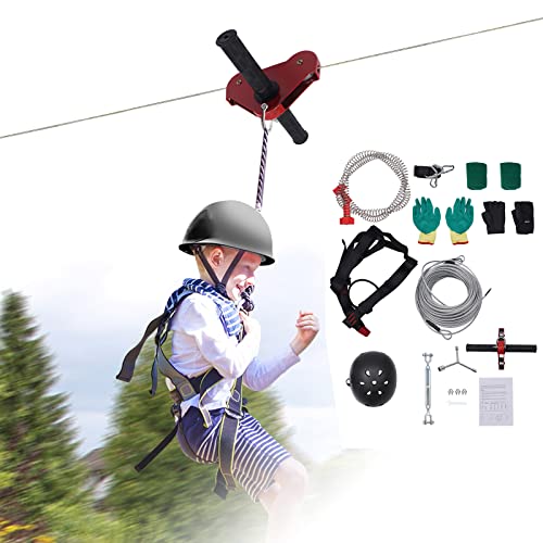 Futchoy Zip line Kits for Backyard 120FT, Kids Zipline Kit for Children and Teens Up to 330lb with Stainless Steel Ziplines Spring Brake and Safety Harness (120FT, w/Helmet)
