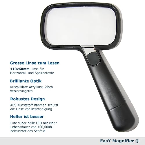 Leselupe Easy Magnifier mit 2-facher Vergrößerung und LED-Licht