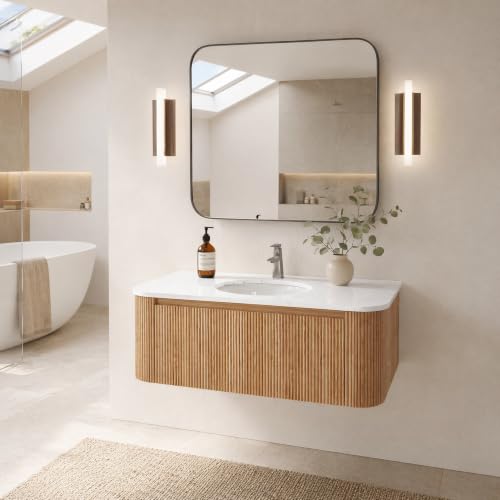Image of 42 Inch Wall Mounted Bathroom Vanity with Ceramic Sink, Pre-Assembled Floating Vanity Cabinet with Cararra Artificial Countertop, Wave Texture Finish & Drawer, Wood