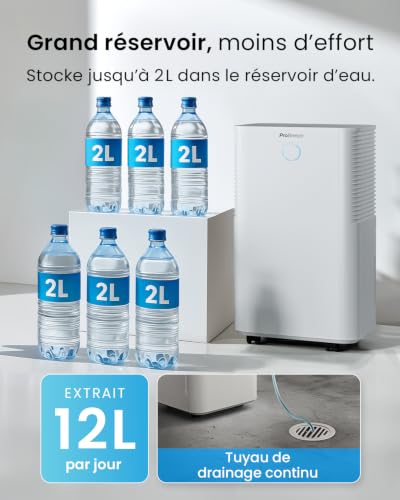 Pro Breeze Déshumidificateur Compresseur 12 L/jour avec capteur d'humidité automatique, Séchage du linge, Drainage continu, Mode Nuit & Minuterie 24 heures - Réduit humidité, moisissure, condensation – vue 3