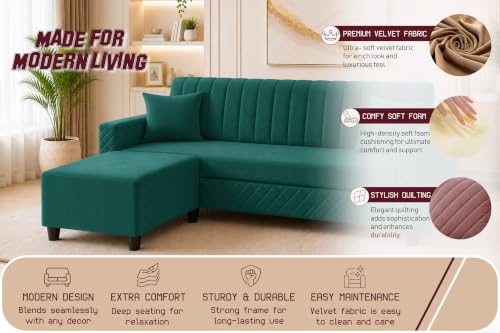 Image of L-Shaped 3 Seater Sectional Sofa with Ottoman | Modern Upholstered Couch | Vertical Channel Tufted Backrest | Diamond Quilted Arms & Base | Comfortable Living Room Furniture - Green