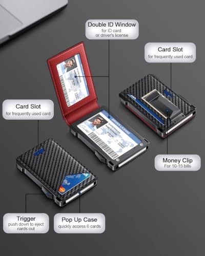 Image of Wallet for Men RFID Wallet with 2 ID Windows & Money Clip, Slim Card Holder | 10-12 Cards Bifold Minimalist Smart Pop Up Wallet for Front Pocket Compact Metal Credit Card Holder Birthday Gifts for Men
