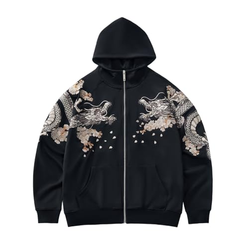 Sweat à capuche zippé homme avec broderie dragon ample et confortable