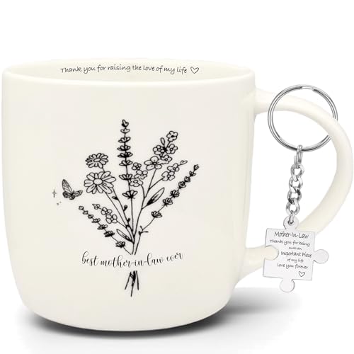 MALLAbyLAMMA Best Mother-in-Law Ever Mug 12 Ounces Ceramic Coffee Cup Floral Beige with Keychain,...