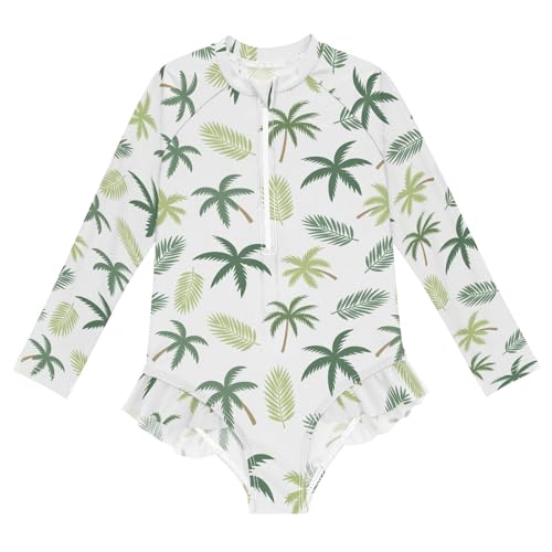 Coconut Tree Palm Leaves Pattern Girls One Piece Rash Guard Swimsuit, Girls Long Sleeve Swimwear for 3-12Y