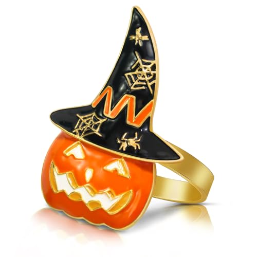 Image of Legigo Set of 12 Halloween Napkin Rings for Dinning Table Settings- Horror Scary Orange Pumpkin Black Witch Hat Napkin Holder Ring for Holiday Party Kitchen Dinner Table Decarations