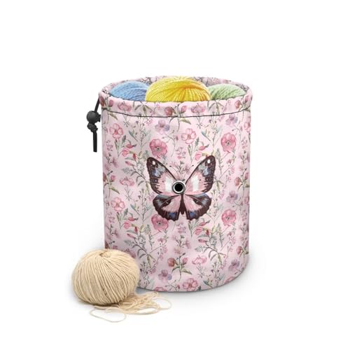 Image of Sellikakes Yarn Bag Crochet Organizer, Pink Flowers Butterfly Portable Knitting Crochet Storage Bag for Crocheting Project, Store Skein Ball, Short Knitting Needle Sewing Supplies Accessories