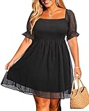Pinup Fashion Plus Size Puff Sleeve Square Neck Chiffon Swiss Dot Smocked Sun Dress, Black, 26 Plus