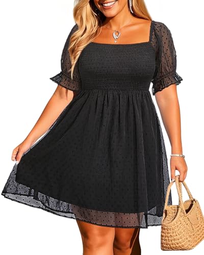 Pinup Fashion Plus Size Puff Sleeve Square Neck Chiffon Swiss Dot Smocked Sun Dress, Black, 26 Plus