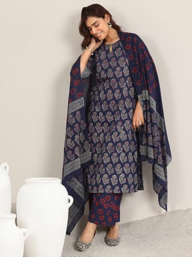 Image of Libas Printed Cotton Straight Kurta With Palazzo and Dupatta