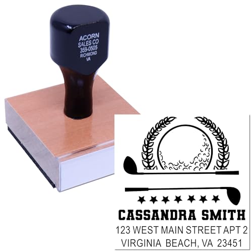 Image of Made to Order Wood Handle Return Address Stamp Golf Champion Crest | Any standard pad works. Customized Hand Stamp. Golf Club Stamp. 1-5 /8 inch square imprint. Your name and address.