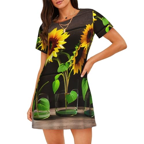 Chemise de nuit manches courtes femme vêtement de nuit imprimé tournesols