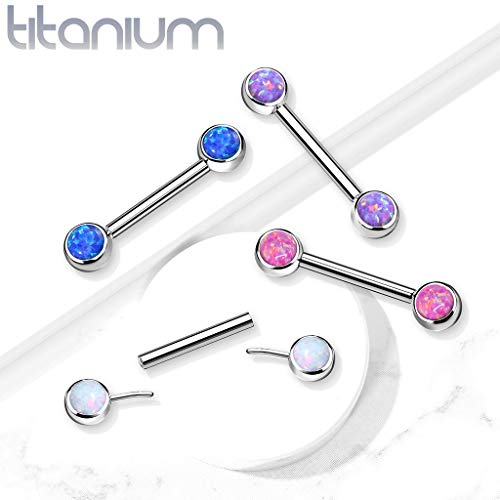 Dynamique Implant Grade Titanium Threadless Push In Nipple Barbell With Opal Bezel Set Front Facing Flat Tops (Sold Per Pair Or Per Piece) #TOP5