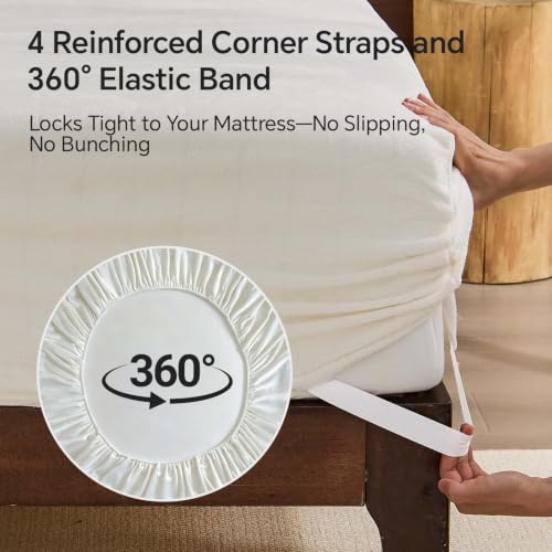 Image of BEDELITE Flannel Full Fitted Sheet & Pillowcases Set, White, 3 Pieces | Ultra Soft Plush Fleece Bed Sheet with Elastic Corner Straps, 16 Inch Deep Pocket, Fuzzy All-Season Gift & Room Decor
