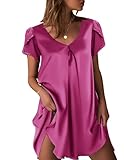 Ekouaer Women's Satin Nightgown Short Sleeve Sleepdress V-Neck Sleepwear Loose Silk Sleepshirt(Rose Red,X-Large)