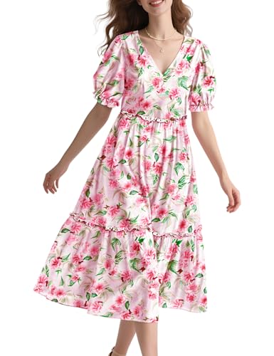 Image of YESNO Summer Floral Midi Dresses for Women V Neck Puff Short Sleeve Frill Trim Dress with Pockets EVX
