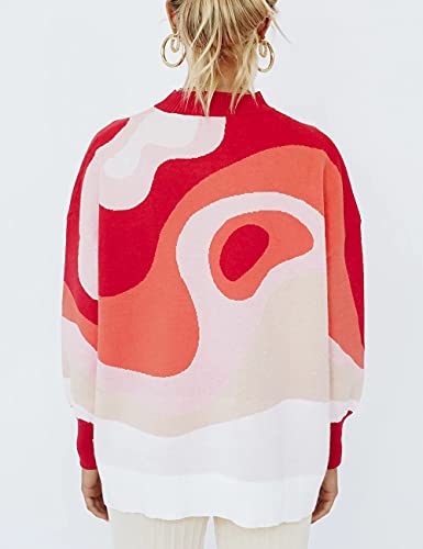 Image of MISSACTIVER Women Casual Knitted Mock Neck Sweater Print Colorblock Long Sleeve Loose Fit Pullover Knitwear