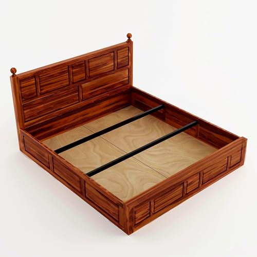Image of Sheesham Wood King Size Bed with Storage Box | Wooden Box Bed King Size Double Cot Bed with Storage for Bedroom | Premium Lattu Design Headboard Bed for Hotel, Home | Dark Red Mogin