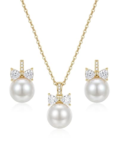 Teppdfann 14K Gold Plated Pearl Bow Pendant Necklace and Stud Earrings Jewelry Set Elegant Pearl...