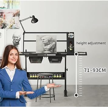 Drafting Tables Drawing Art Table, Height Adjustable Paintings Work Station, with 2 Storage Drawer, Retractable Side Panels, for Reading, Writing Art C(